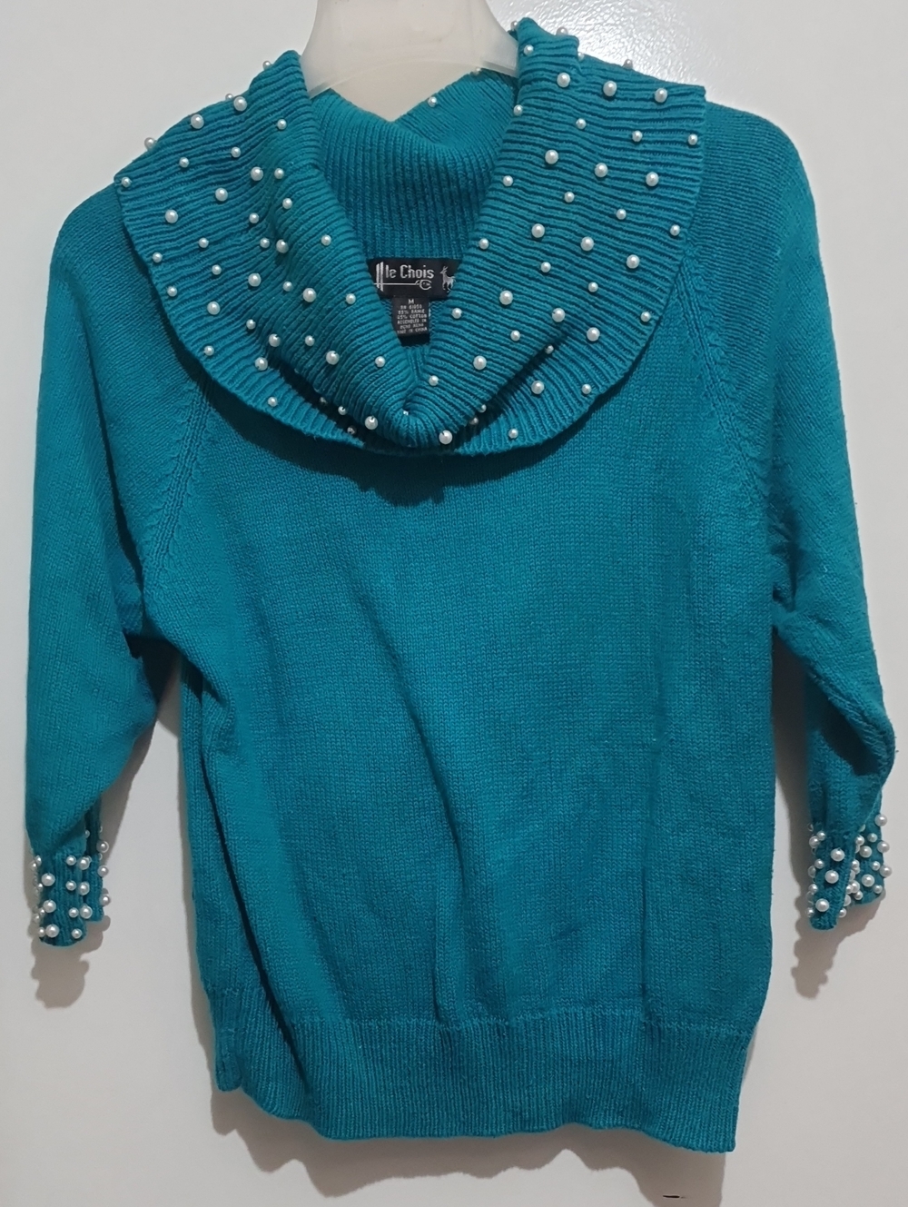 🐞CHOISE Teal Pearl-Trim Cowl Neck Sweater